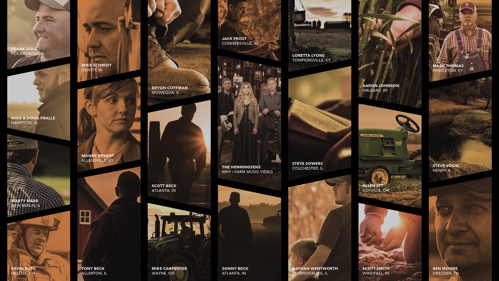 Original Why I Farm selection artwork, a collage of named portraits and agricultural scenes divided by angled black gutters