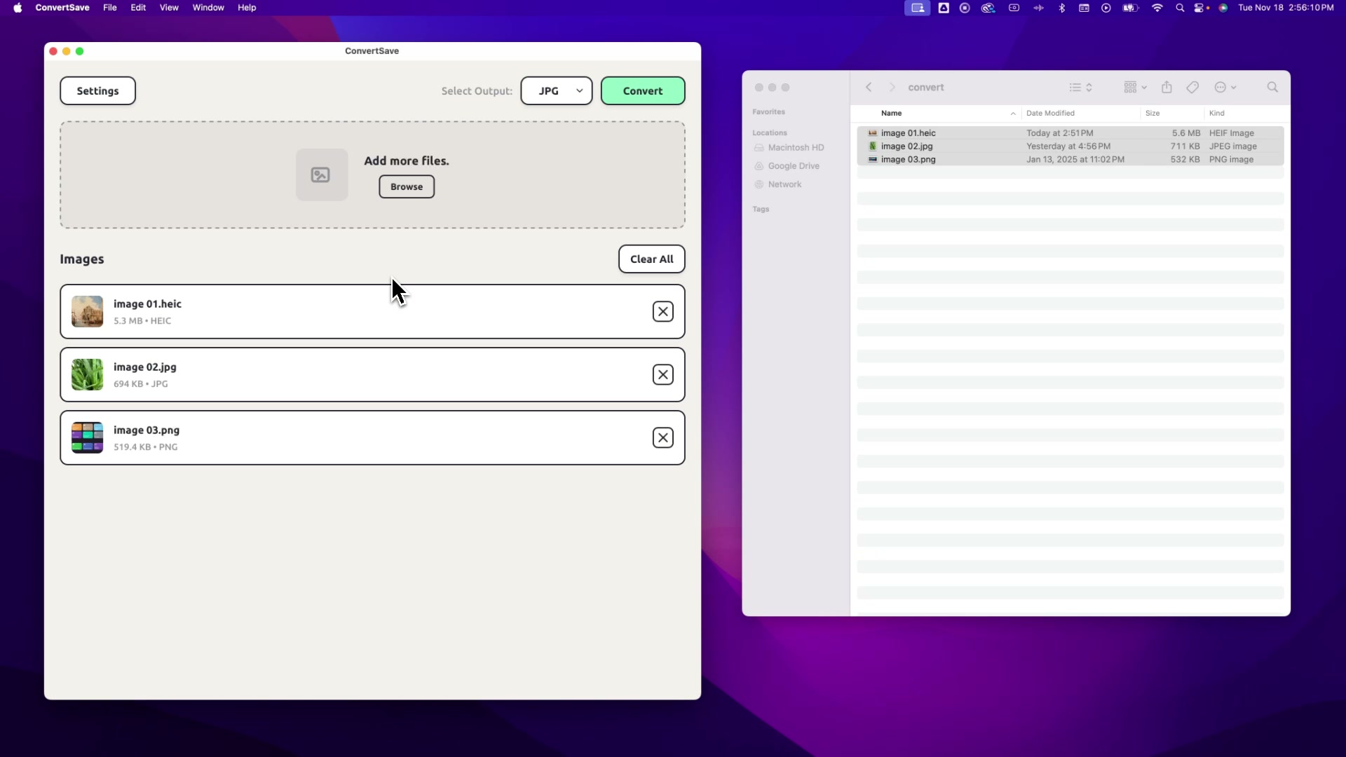 An early ConvertSave desktop build with three image files queued for conversion