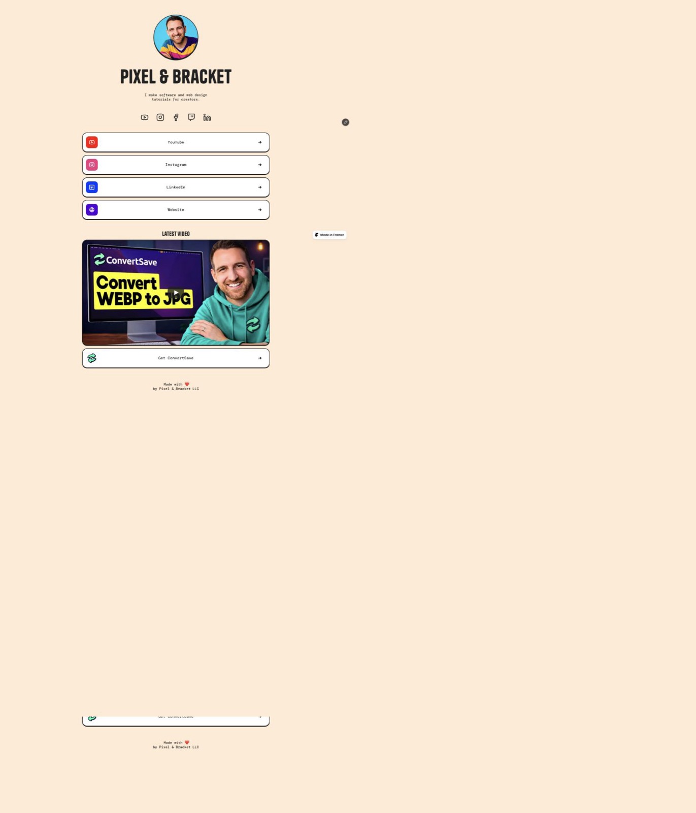 The finished Framer link-in-bio website for Pixel & Bracket