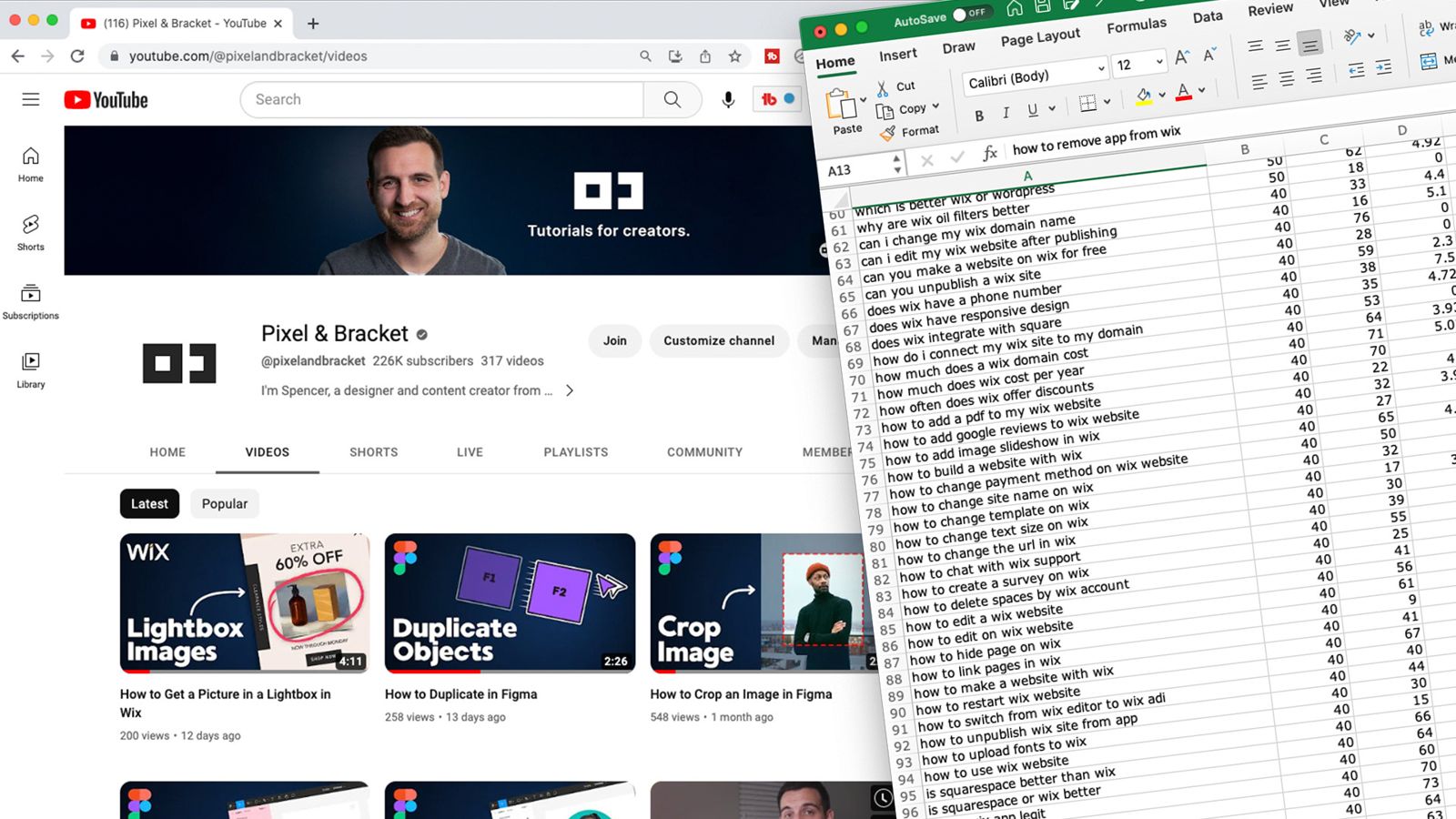 An earlier Pixel and Bracket channel page beside a spreadsheet of researched tutorial topics