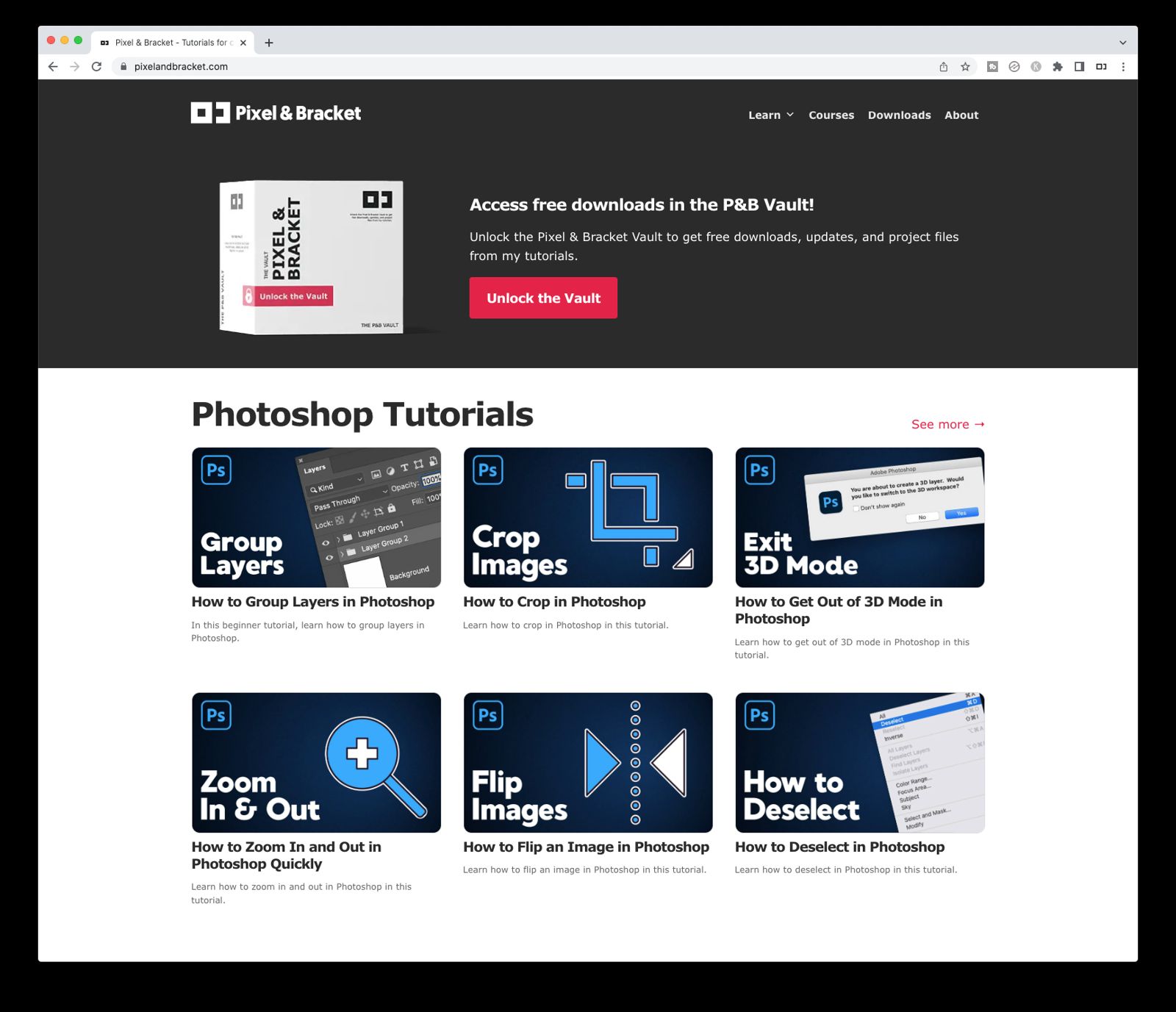 Pixel and Bracket website with Photoshop tutorials and a navigation link to the project-file Vault