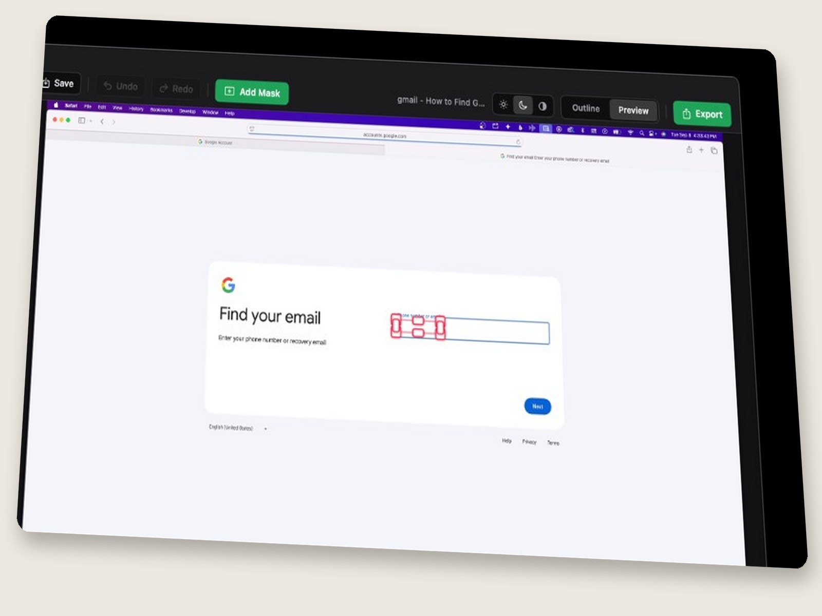 Redact Pro editor with a selected mask and controls for outline, preview, and export