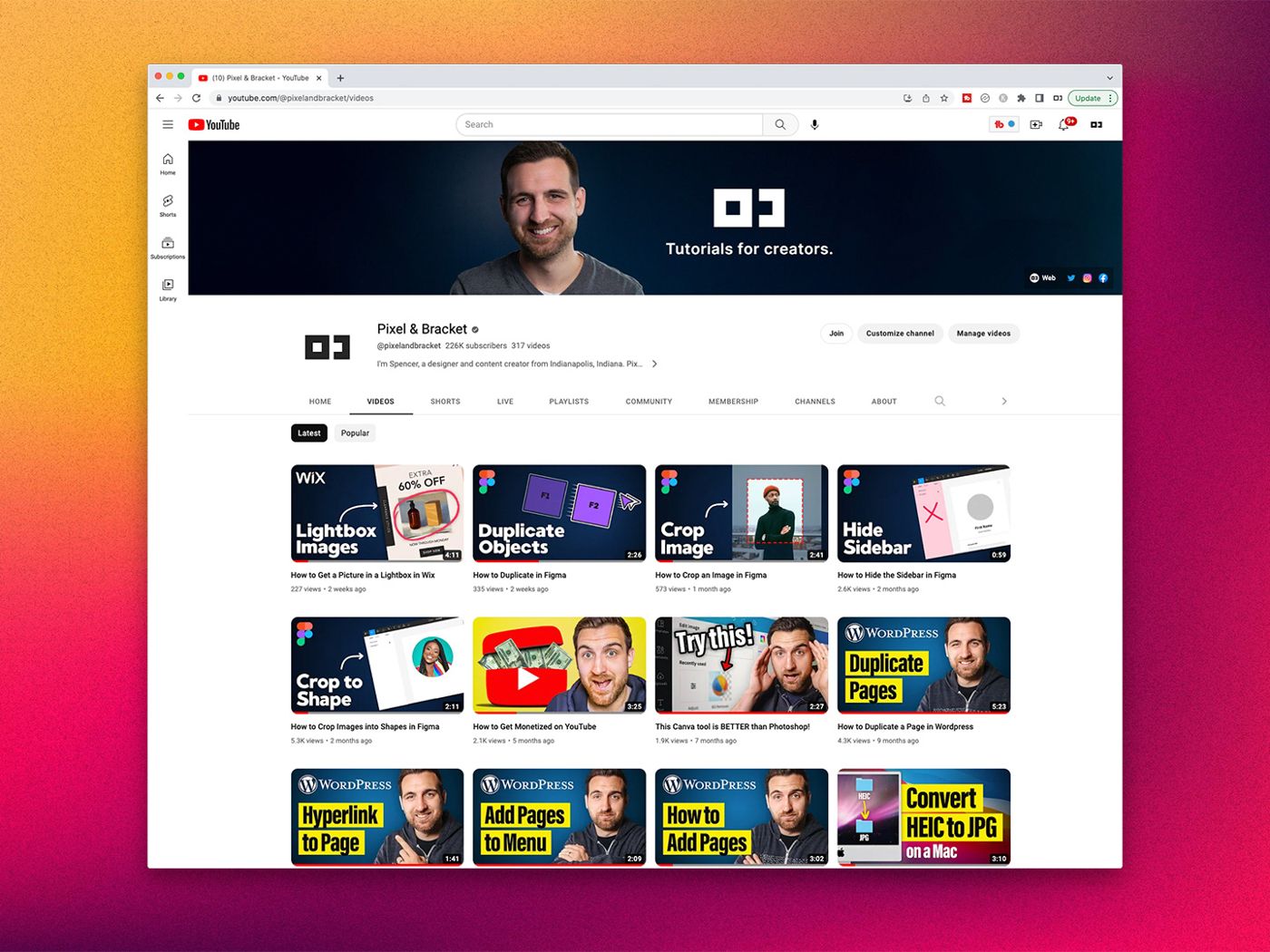 An earlier Pixel and Bracket YouTube channel page with a grid of software tutorial thumbnails
